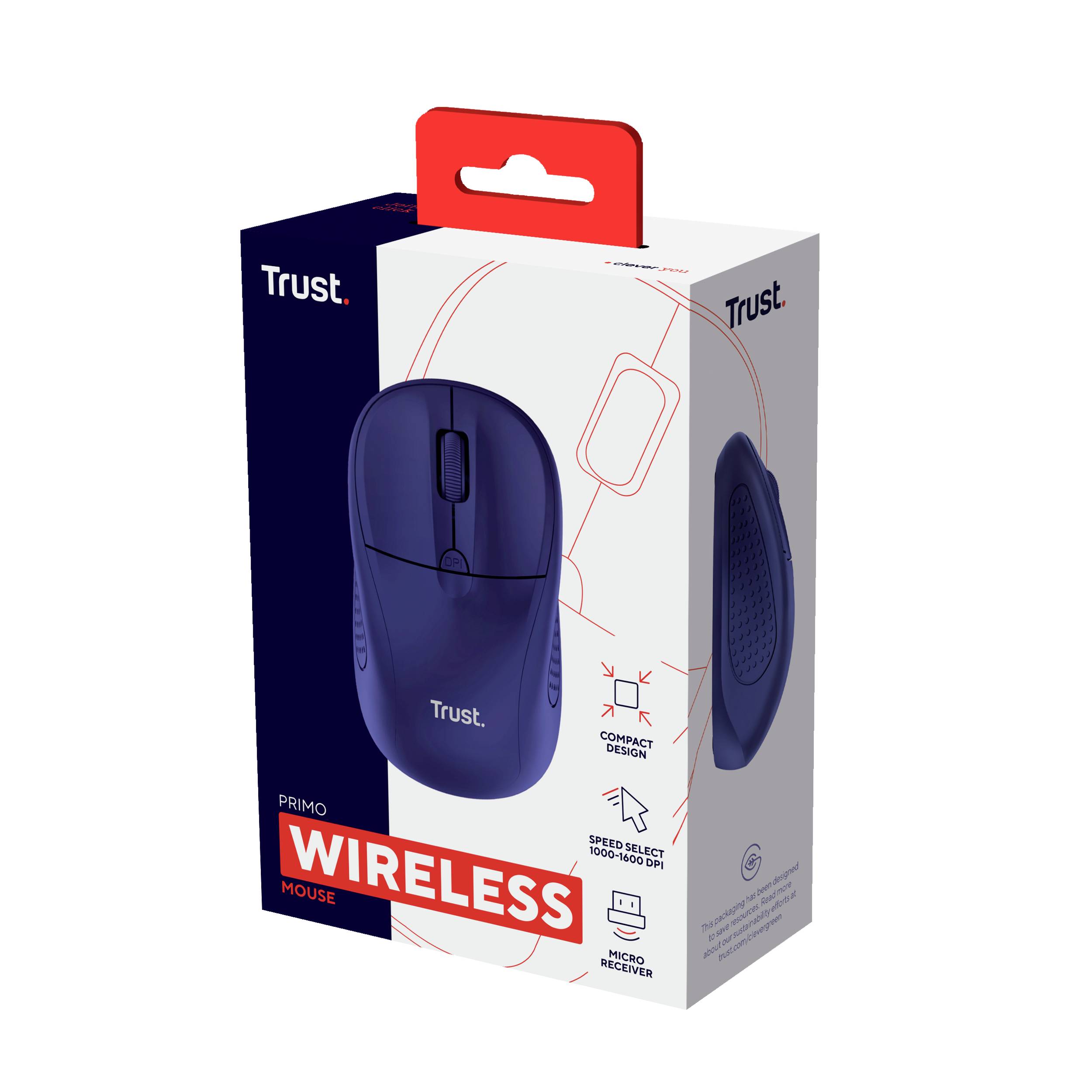 Trust wireless mouse packaging; showcasing product image, brand name and features such as compact design and micro receiver.
