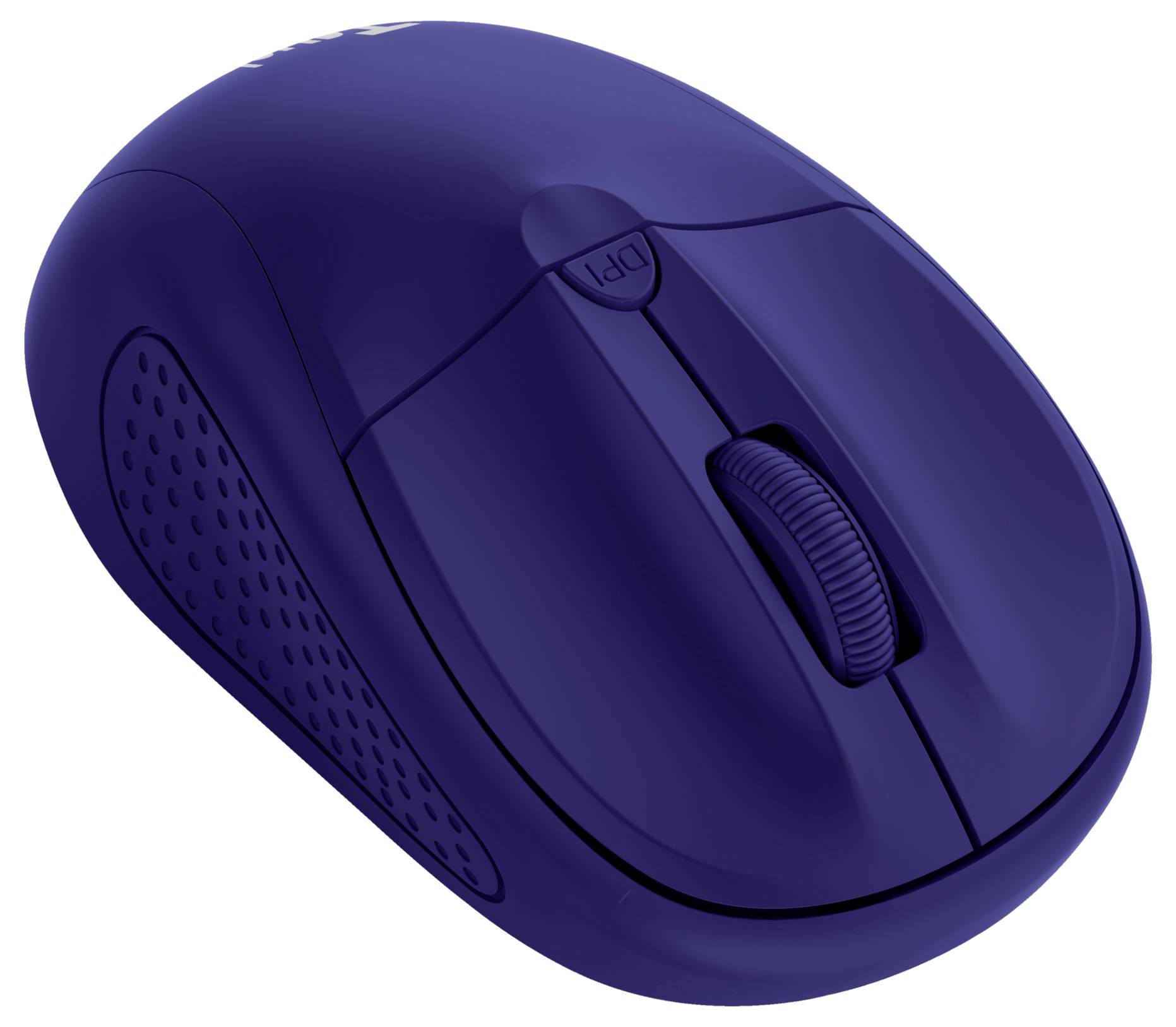 Wireless blue computer mouse with two buttons and scroll wheel, side-textured for better grip.