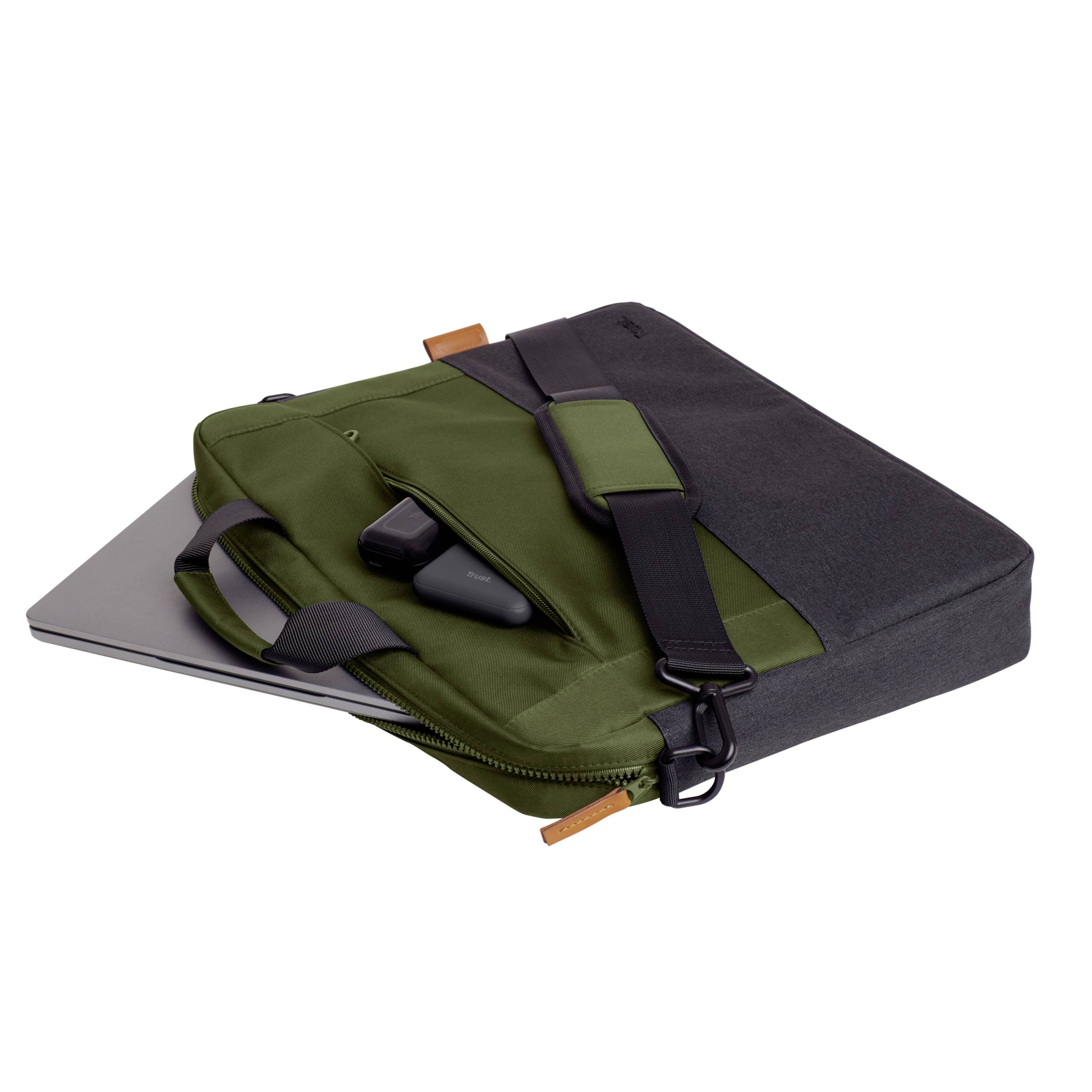 A grey and green laptop bag, partially open, containing a laptop, a mobile phone, and chargers.