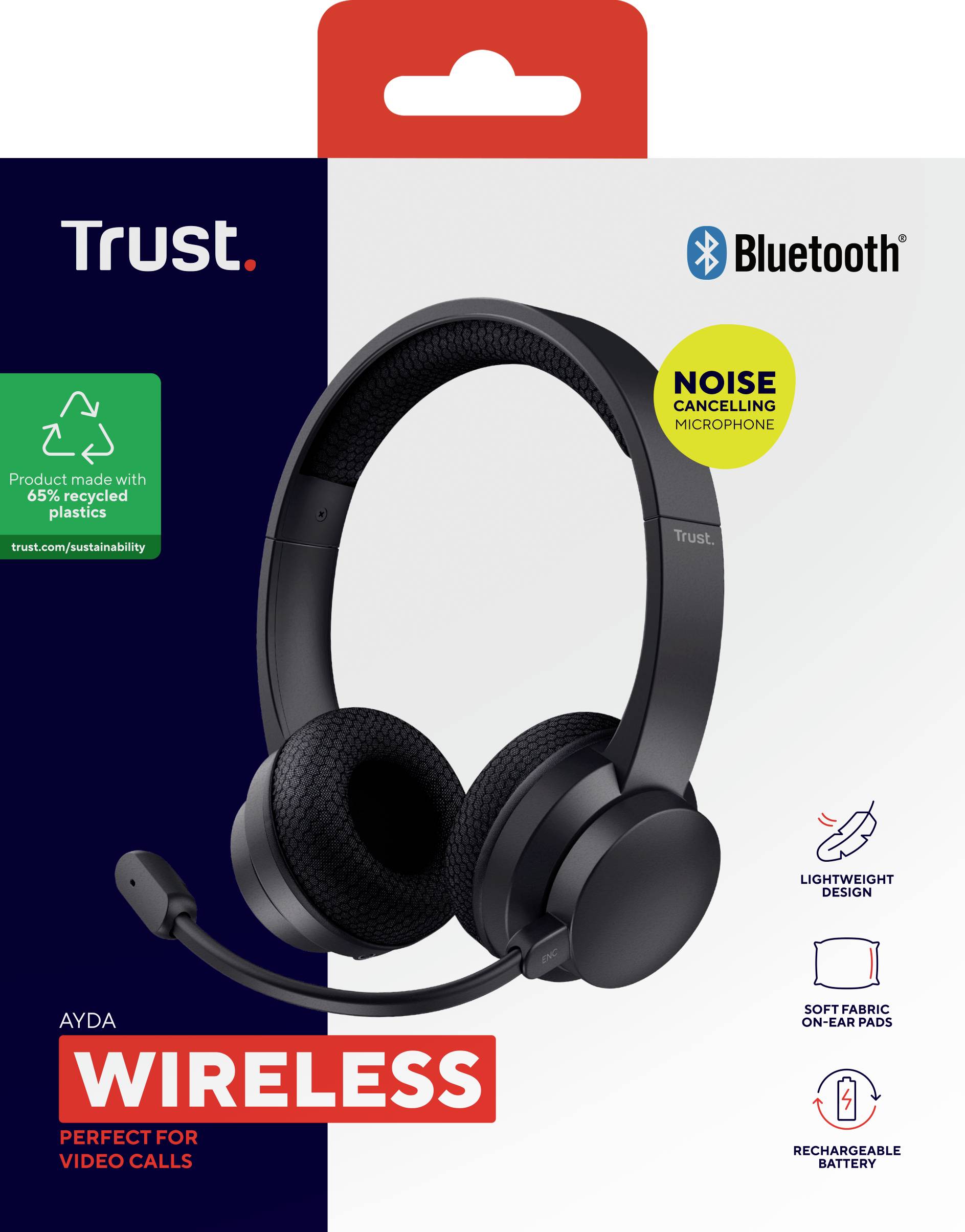Wireless headset with noise cancellation, perfect for video calls. Includes soft ear cushions, lightweight design, and rechargeable battery.