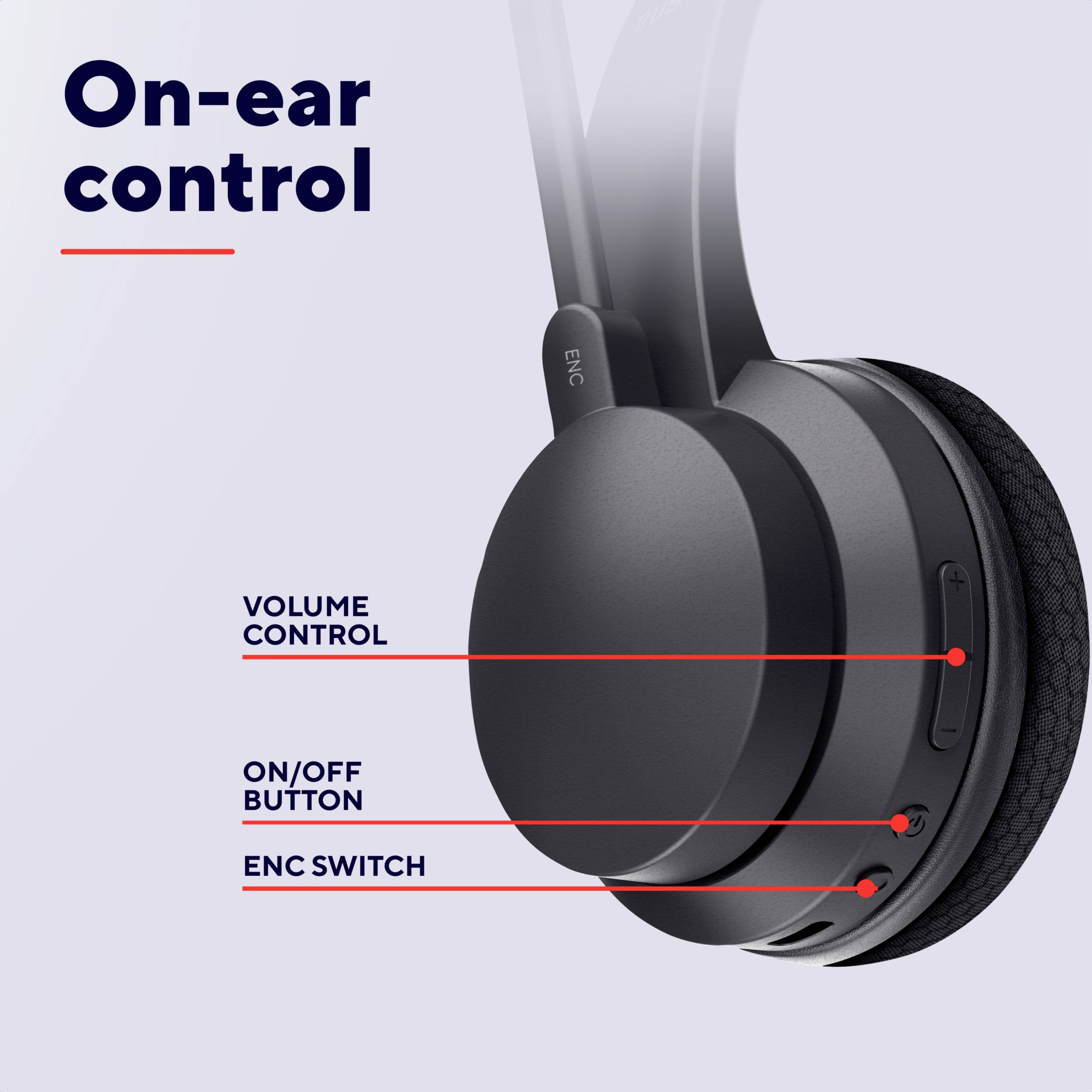 Black headphones with labels: 'Volume Control' for volume control, 'On/Off Button' for power switch, and 'ENC Switch' for ENC switch.