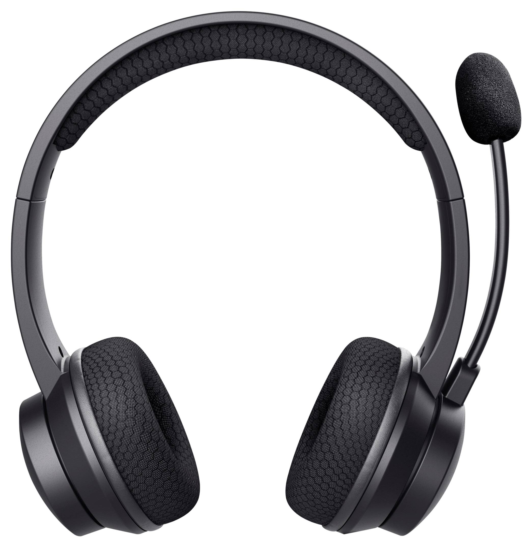 Black wireless headset with microphone boom, suitable for ergonomic working and clear voice communication.
