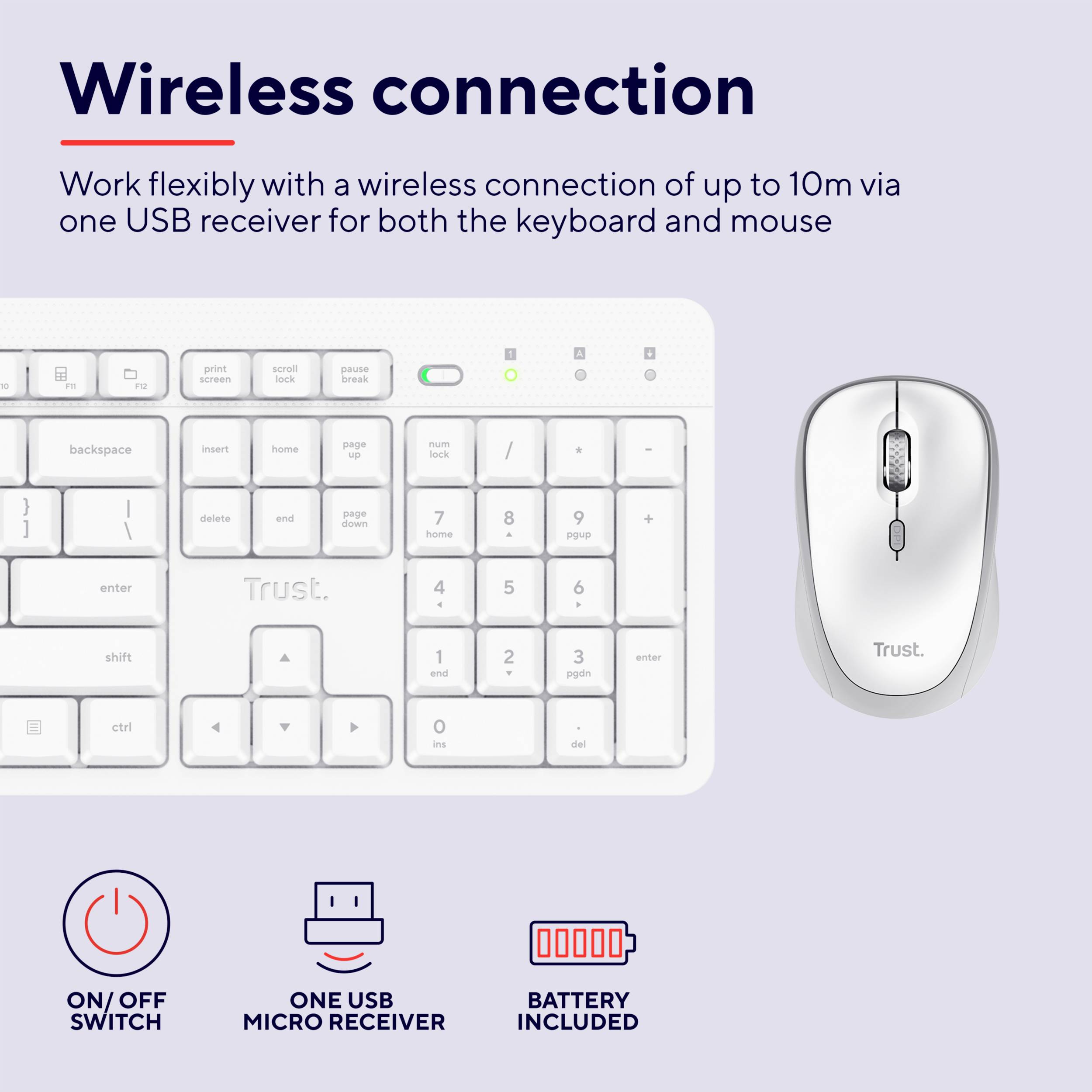 White wireless keyboard and mouse with USB receiver. Text explains wireless connection up to 10m. Pictograms for switch, micro receiver, and battery.