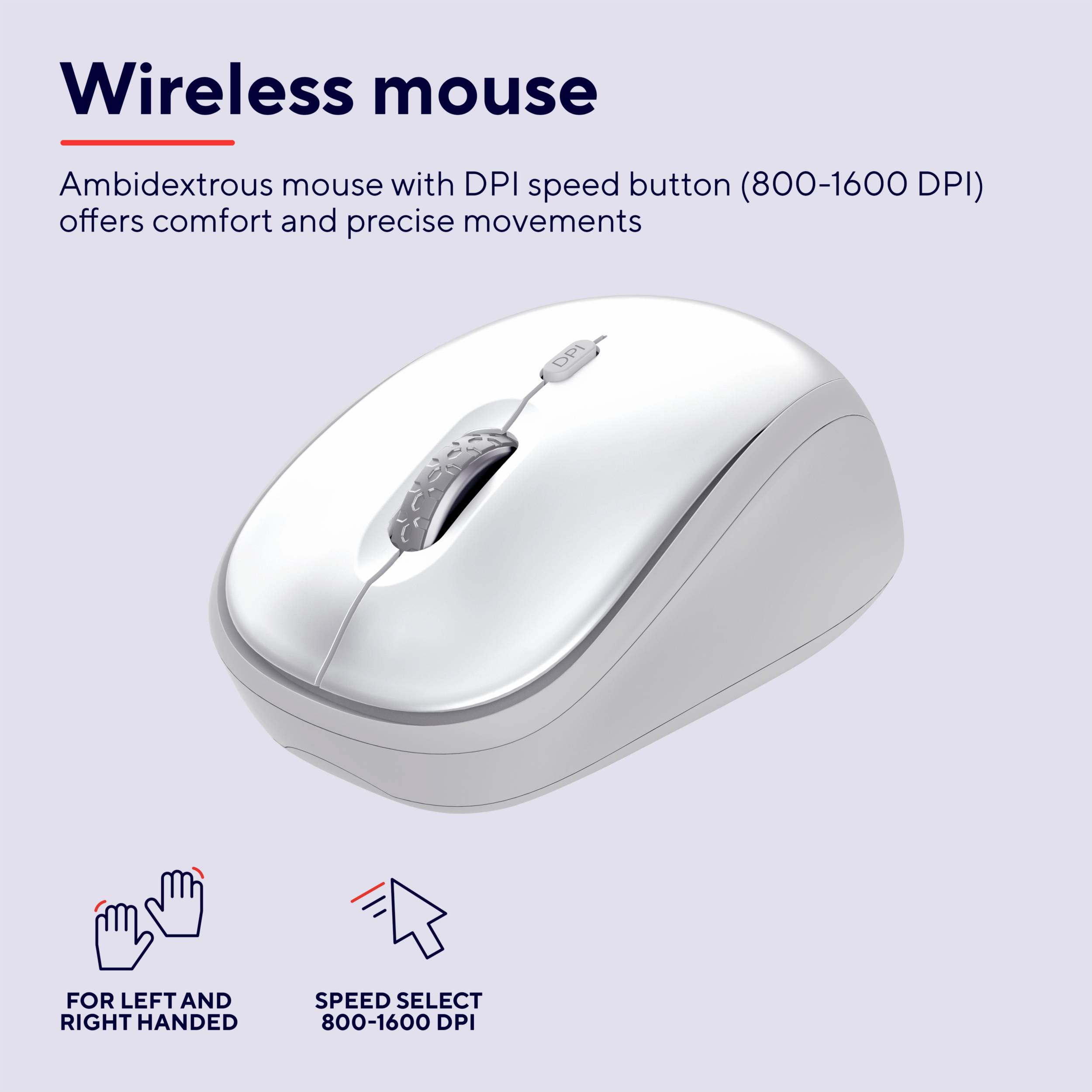 'Wireless Mouse: Ambidextrous, DPI Button (800-1600 DPI) for Precise Movements, Suitable for Left and Right-Handed Users.'