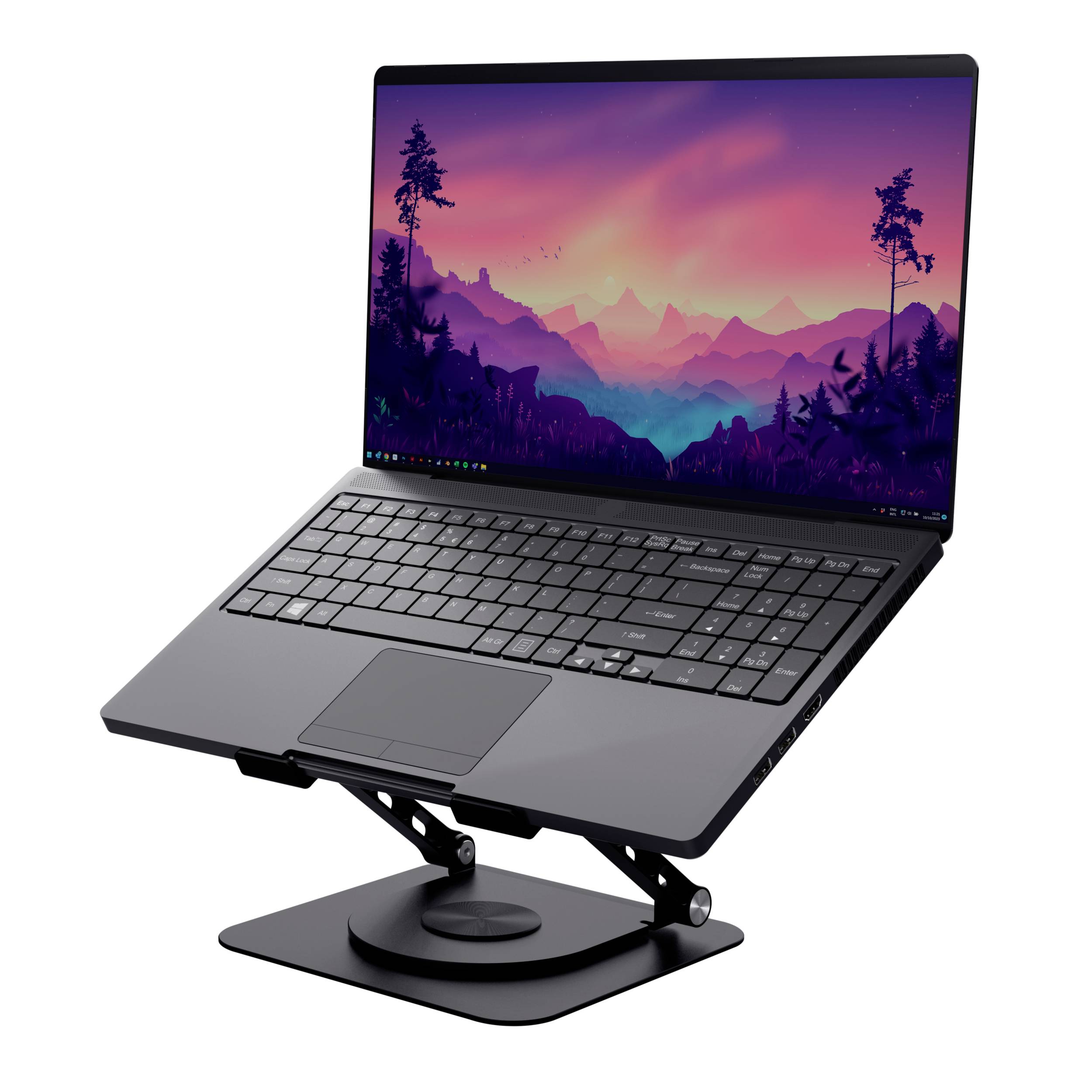 A laptop on an adjustable stand displays a picturesque sunset landscape with mountains on the screen.