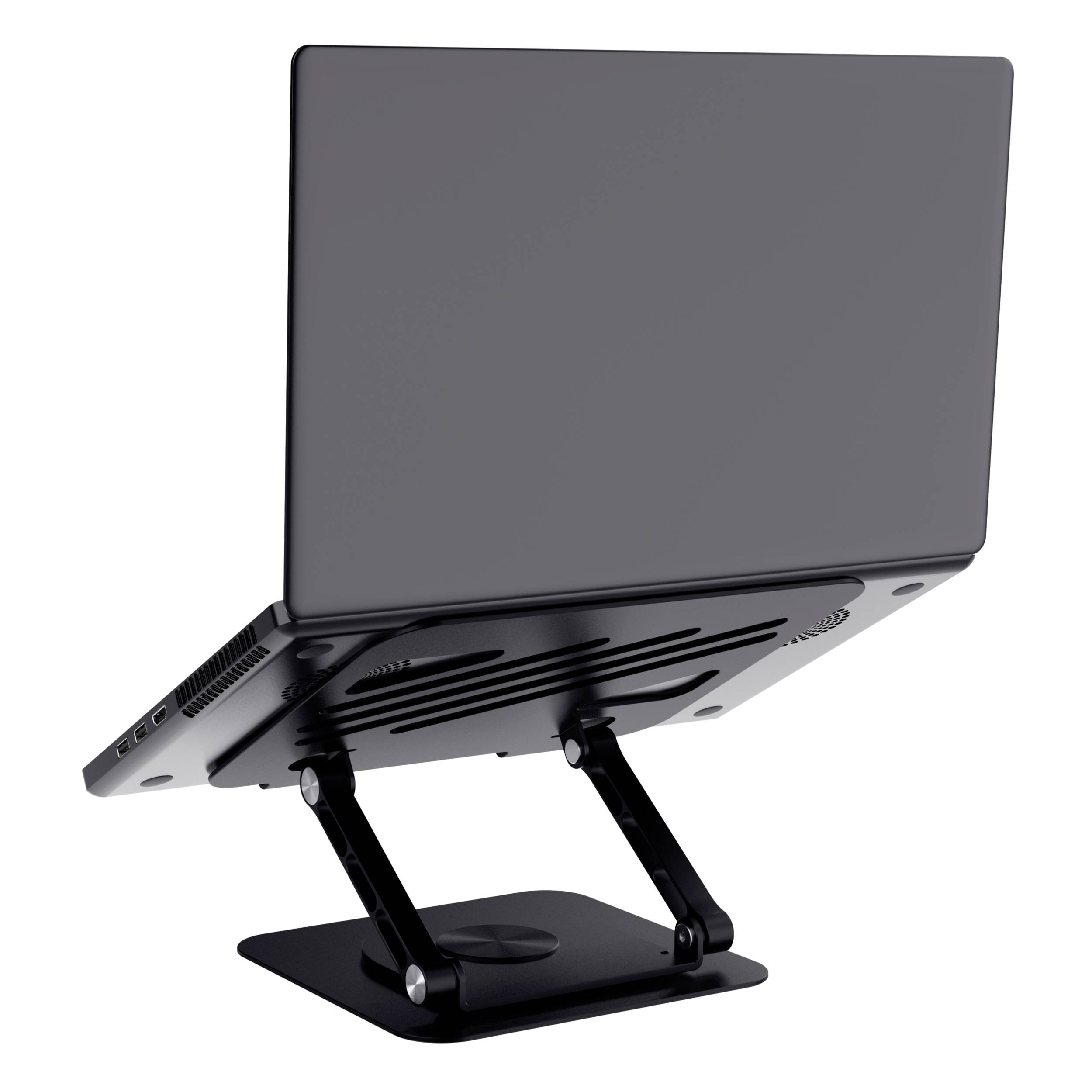 A black laptop sits on an adjustable metal stand. The stand elevates the laptop for a better viewing angle and improved ventilation.