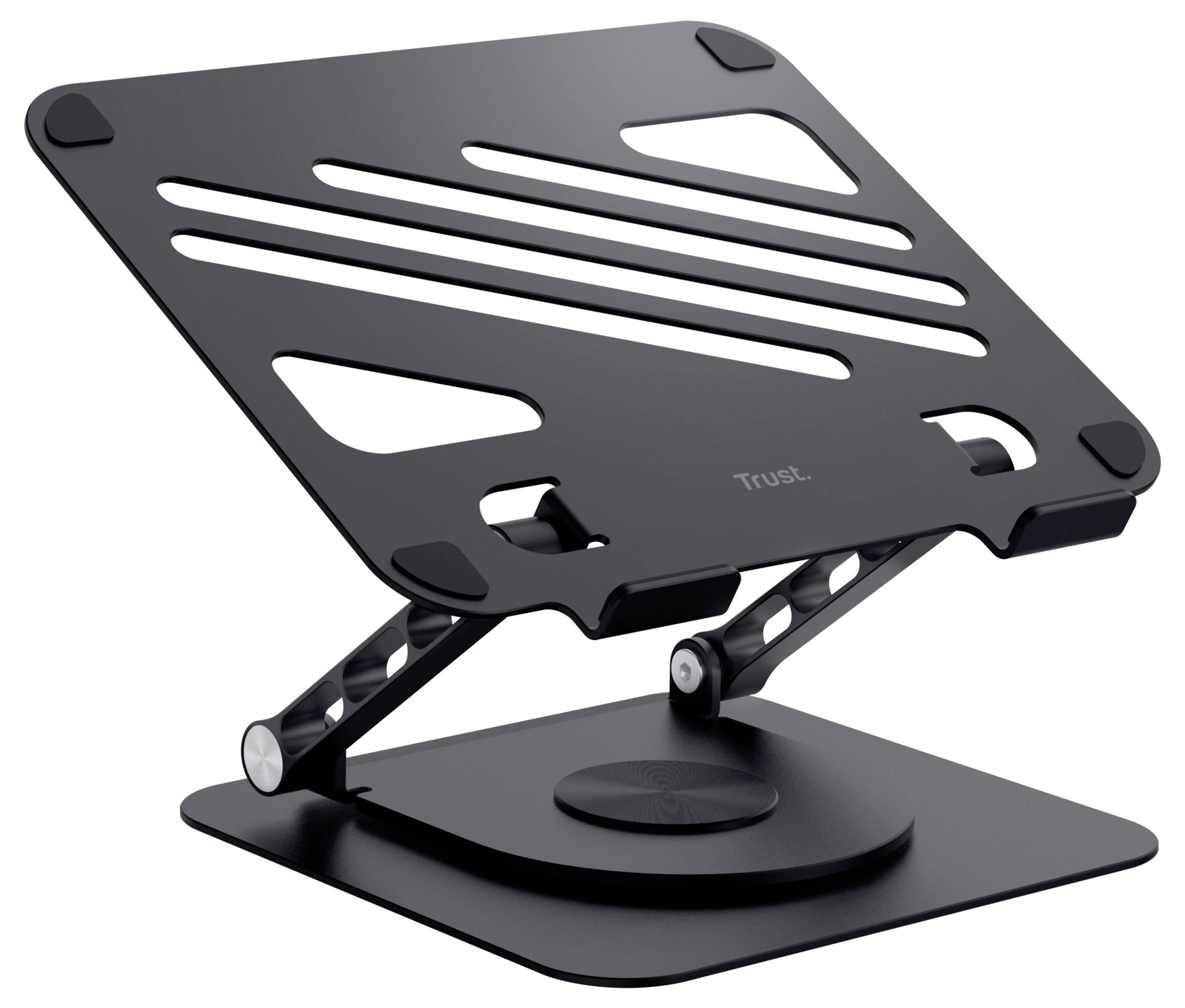 Black, adjustable laptop stand with ventilation slots and non-slip pads, suitable for ergonomic working positions.