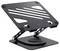 Black, adjustable laptop stand with ventilation slots and non-slip pads, suitable for ergonomic working positions.