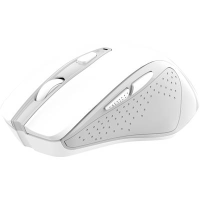 White computer mouse with side rubber grips and scroll wheel.