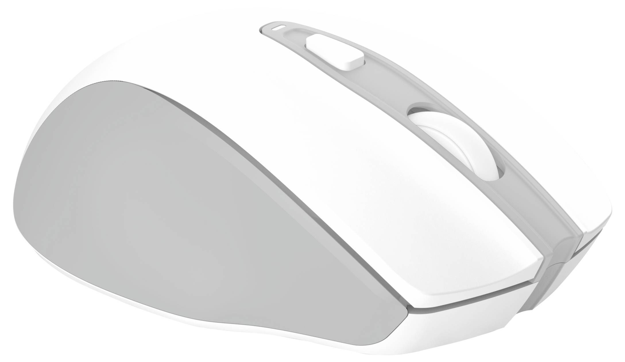 A white wireless computer mouse with grey details and two buttons.