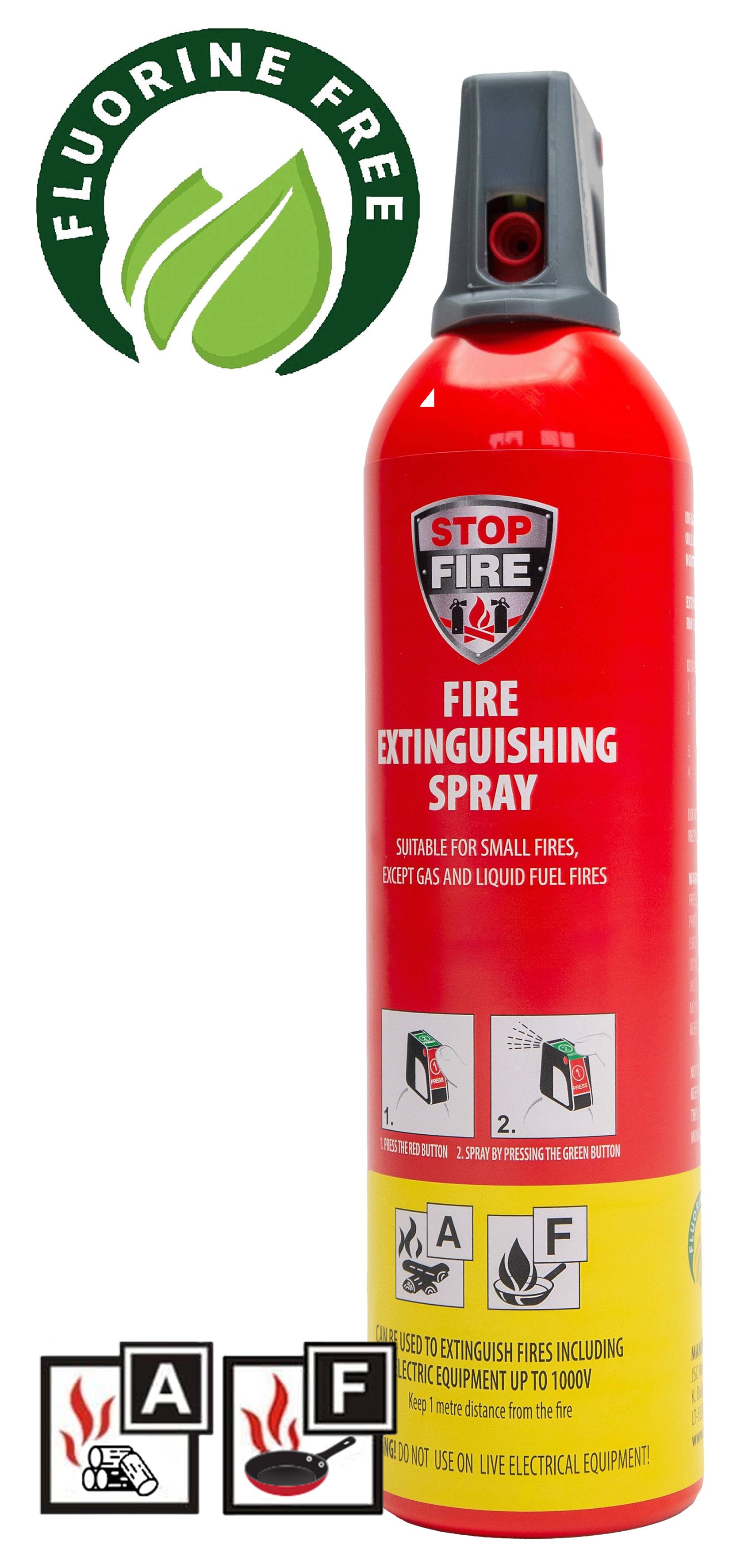 'Stop Fire Fire Extinguishing Spray' for small fires, safe for electrical use up to 1000V. Fluorine free. Images show usage instructions.