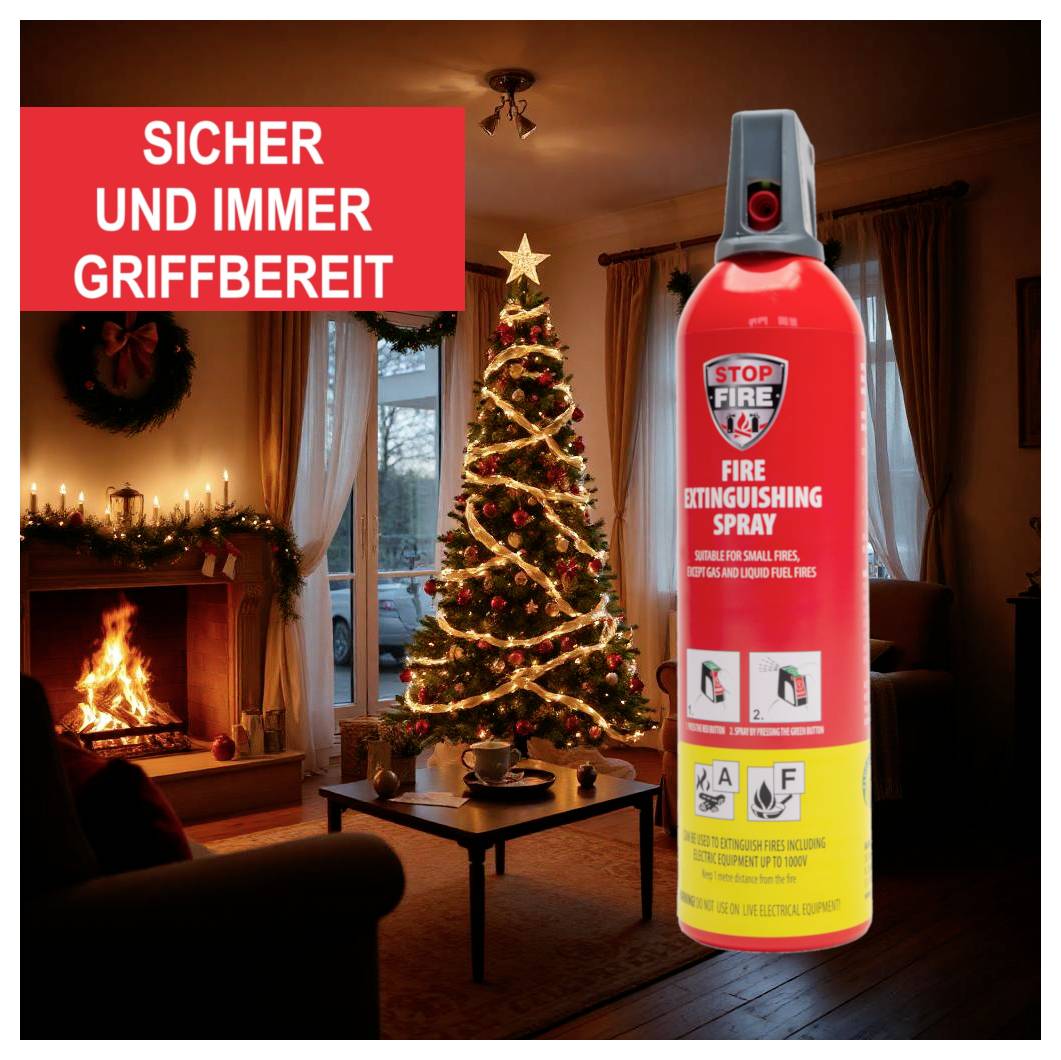 A fire extinguisher spray in the foreground of a cosy living room with a decorated Christmas tree and a fireplace. Text: 'Safe and always within reach'.
