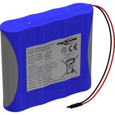 Blue li-ion battery, type 18650, with connection wires. Label shows technical specifications and warning notices.