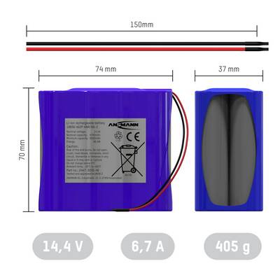 Blue, rechargeable Li-Ion battery with 14.4 V, 6.7 A and 405 g. Dimensions: 150 mm length, 74 mm width, 37 mm depth.