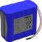 Blue lithium-ion battery with cables and label displaying technical details, such as capacity, voltage and safety instructions.