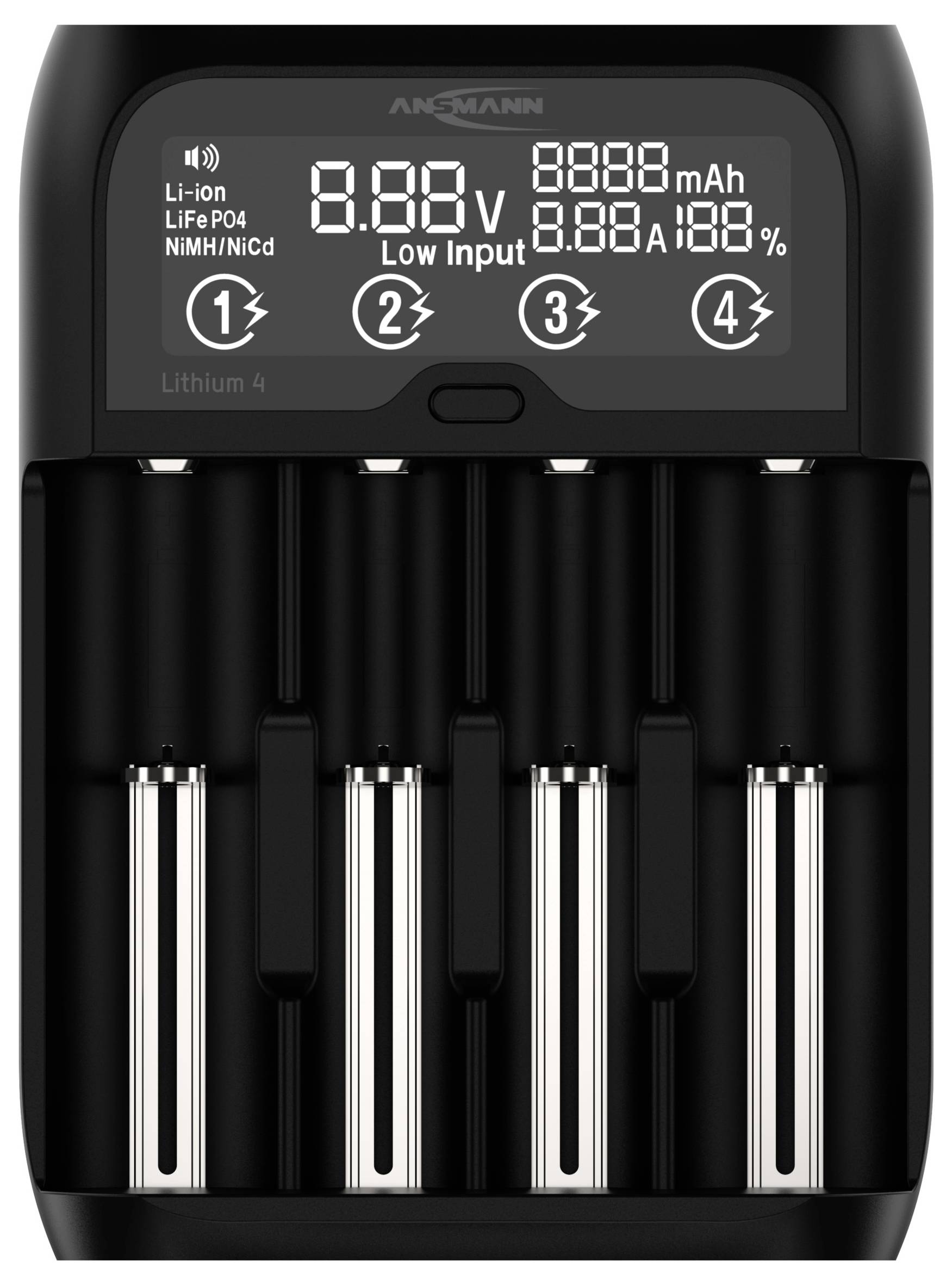 'Black Ansmann battery charger with LCD display. Shows voltage and charging capacity for Li-Ion, LiFePO4, NiMH and NiCd batteries.'