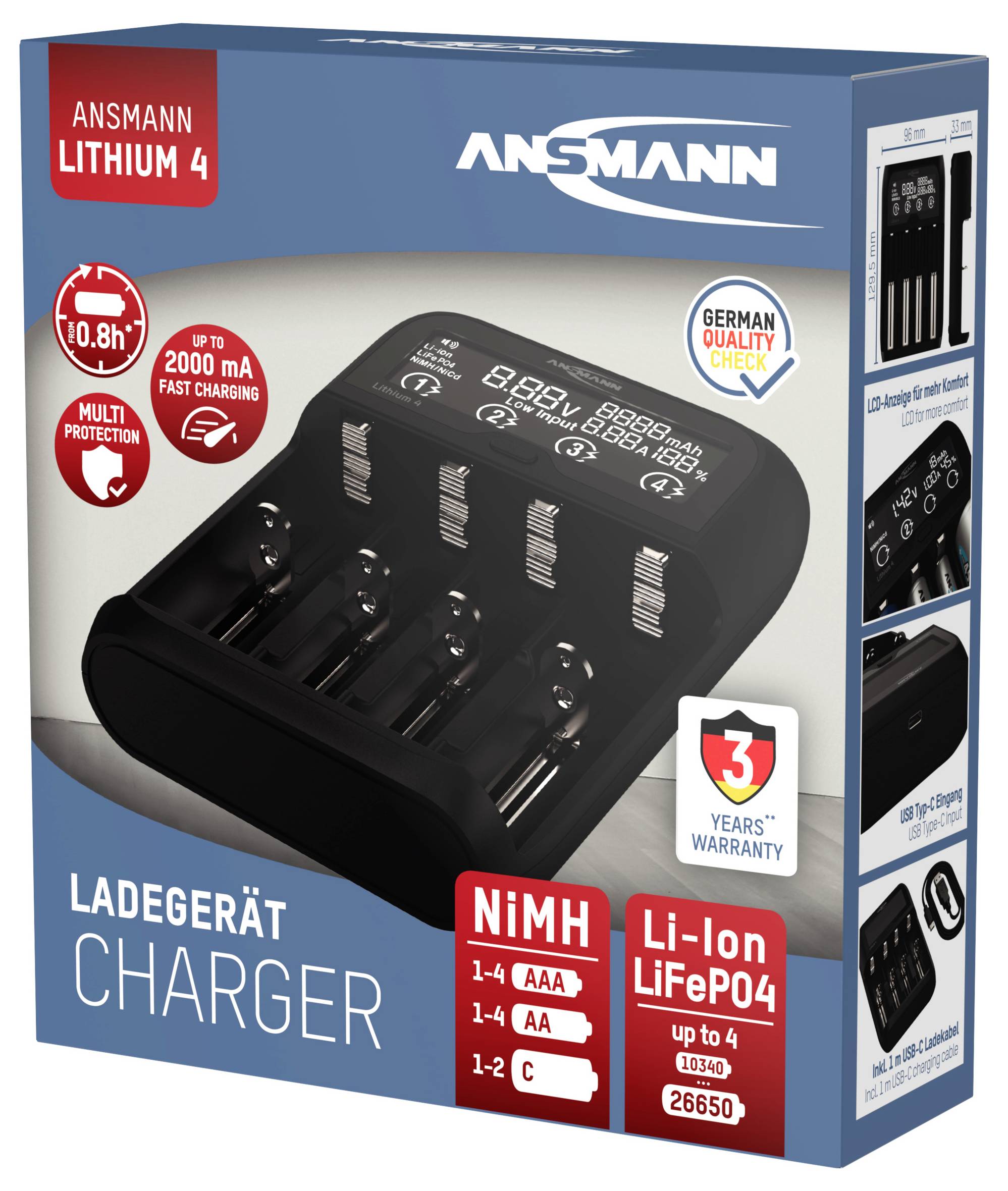 'Ansmann Battery Charger' for NiMH and Li-Ion batteries, with quick charging function up to 2000 mA. Supports sizes AA, AAA, C and 26650.