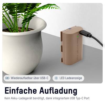Plant next to rechargeable battery with USB-C cable. Text: 'Simple charging', 'No battery charger required'.