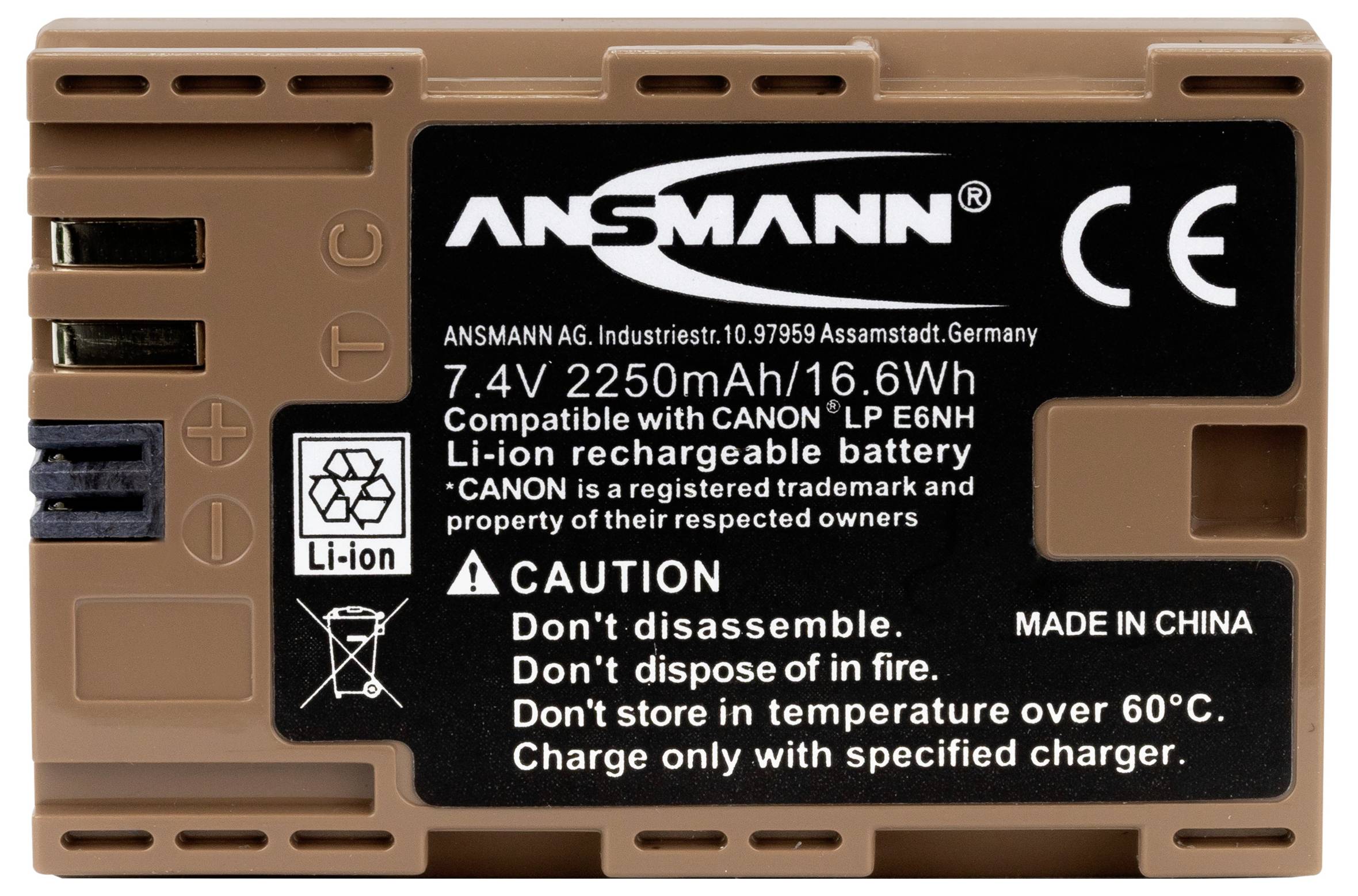 'Lithium-ion Battery 7.4V 2250mAh/16.6Wh, compatible with Canon LP-E6N. Warning notes: Do not disassemble, do not store above 60°C.'