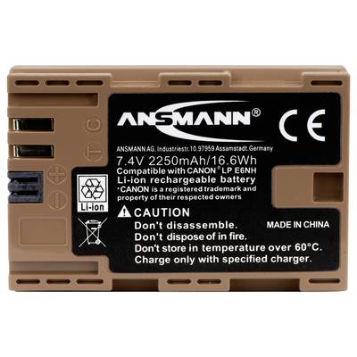 'Lithium-ion Battery 7.4V 2250mAh/16.6Wh, compatible with Canon LP-E6N. Warning notes: Do not disassemble, do not store above 60°C.'