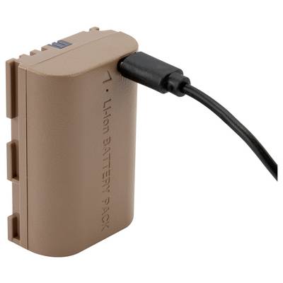 A brown lithium-ion battery is being charged. A black cable is connected to the top end of the battery.