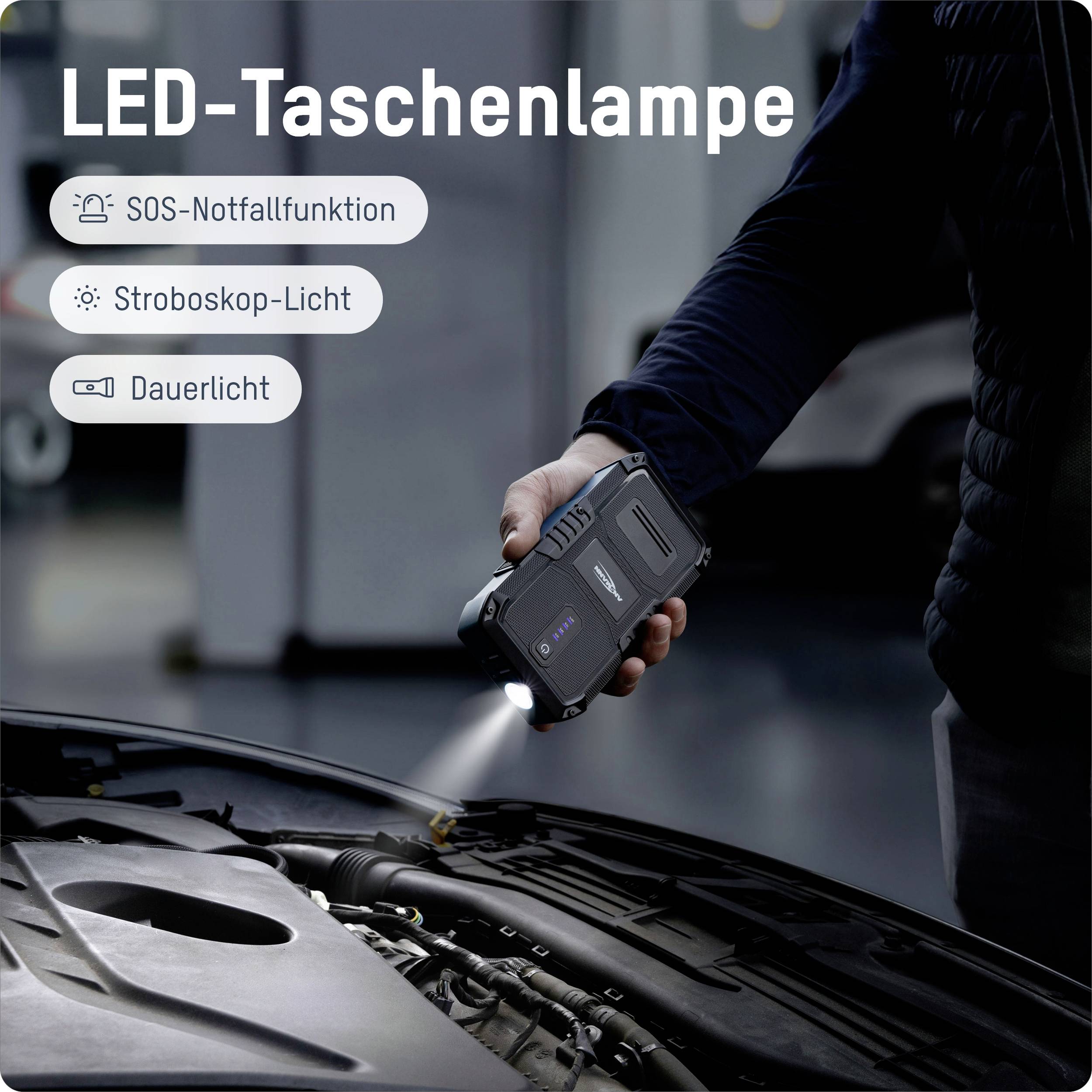 A person is holding an LED torch over a car bonnet at night. Texts describe functions: 'SOS emergency function', 'strobe light', 'constant light'.
