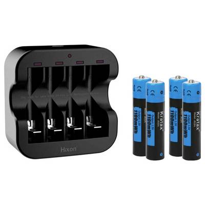 A black charger with four slots and four blue-black AA batteries beside it.