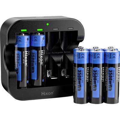 A charger with four blue rechargeable batteries inside, alongside four additional AA batteries. The charger has a black surface.
