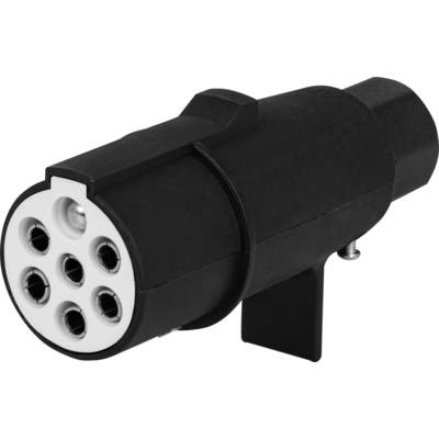 A black Type 2 electric vehicle charging plug with seven metallic contacts, for connection to a charging station.