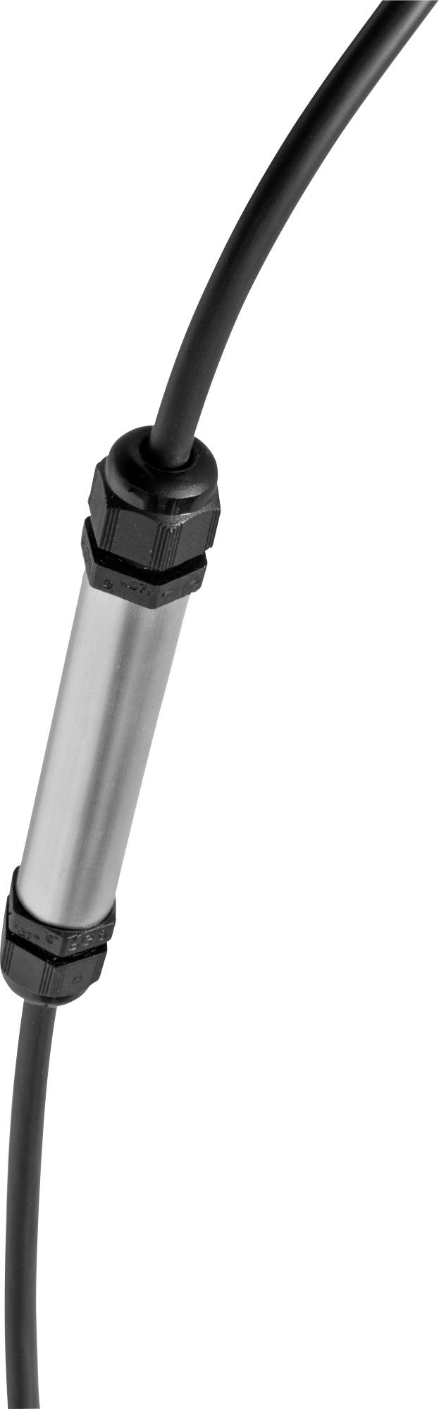 A cylindrical metal connector with a black cable on the left and right. Used for connecting and transmitting electricity between cables.