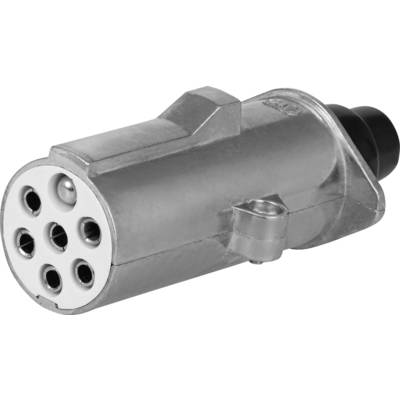 A silver electric vehicle charging plug with seven connection sockets.