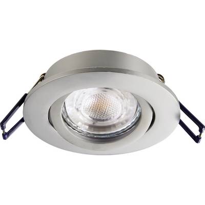 Recessed LED spotlight in brushed metal, front view.