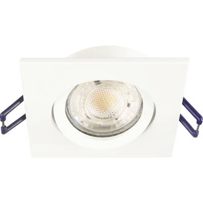 Square LED recessed spotlight in white with a round lamp in the centre, surrounded by two blue brackets on the sides.