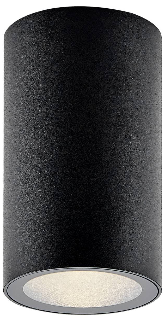 Black cylindrical ceiling light fixture with a recessed circular diffuser, shown against a white background.