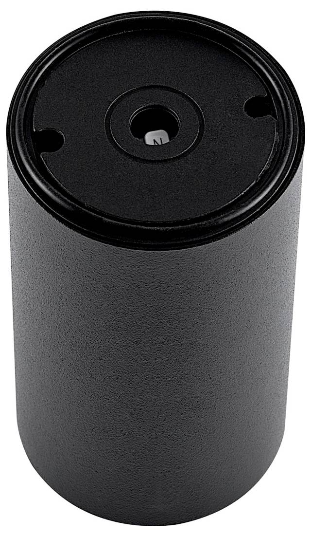 Black cylindrical speaker or camera-like device with a top lens opening on a plain white background.