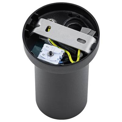 Cylindrical, black casing with an open lid reveals electrical components and cables inside, likely part of a light fitting or another device.
