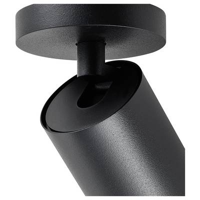 Black, adjustable ceiling spotlight with a cylindrical shape, mounted on a round base. Ideal for directional lighting.