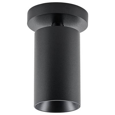 A black, cylindrical ceiling light in a modern design. It has a smooth surface and is suitable for interior spaces.