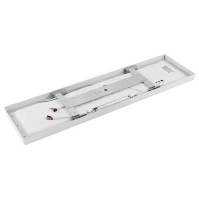 Rectangular LED panel, with mounting rail and electronics visible on the back, suitable for ceiling installation.