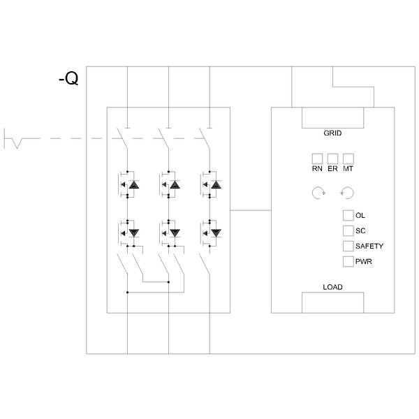 'Diagram of circuit design: On the left, two rectangles with symbolic circuits, on the right a larger box with grid labels RN, ER, MT and indicator lights OL, SC, SAFETY, PWR.'