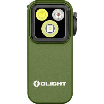 Green portable torch with three LED light sources of varying sizes, brand name 'OLIGHT' on the front.