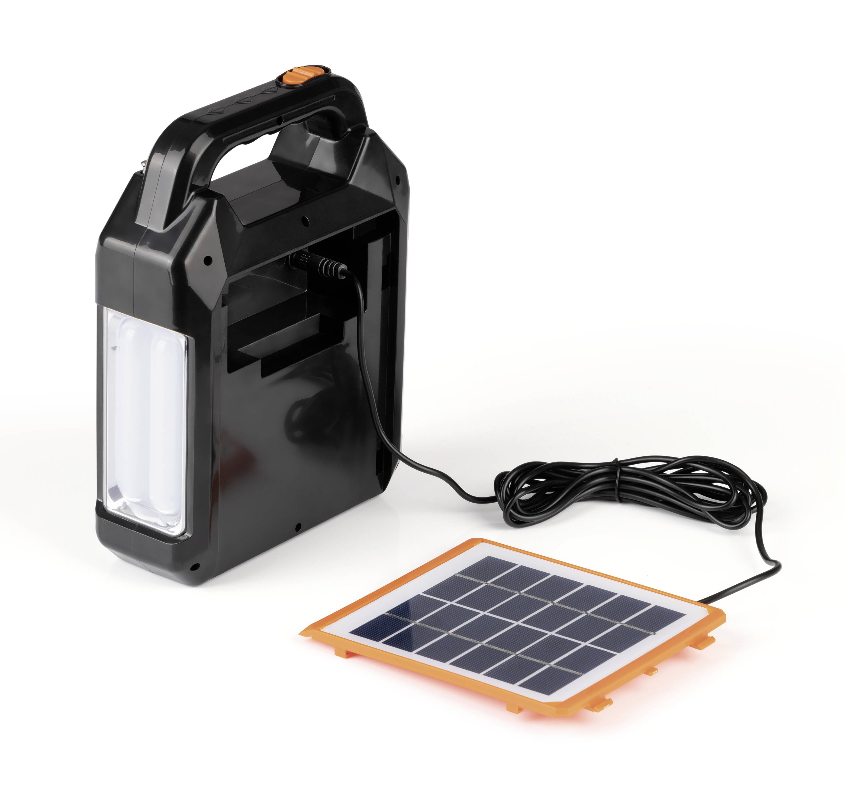 Black portable lamp with handle, connected to a small solar panel. Ideal for independent, solar-powered lighting.