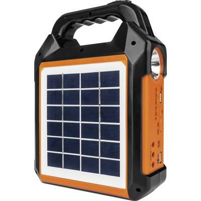 Portable solar lamp with integrated solar panel, USB ports and handle. Suitable for outdoor activities and emergencies.