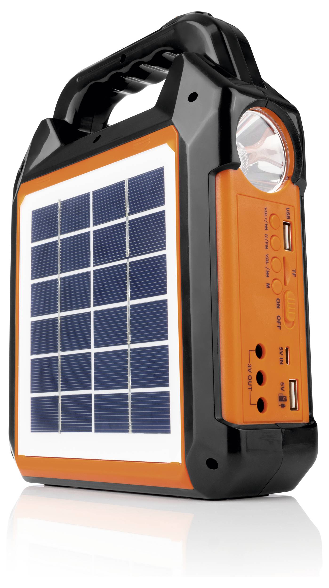 A portable solar panel with an integrated handle, LED lamp, and multiple ports for charging electronic devices.