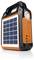 A portable solar panel with an integrated handle, LED lamp, and multiple ports for charging electronic devices.