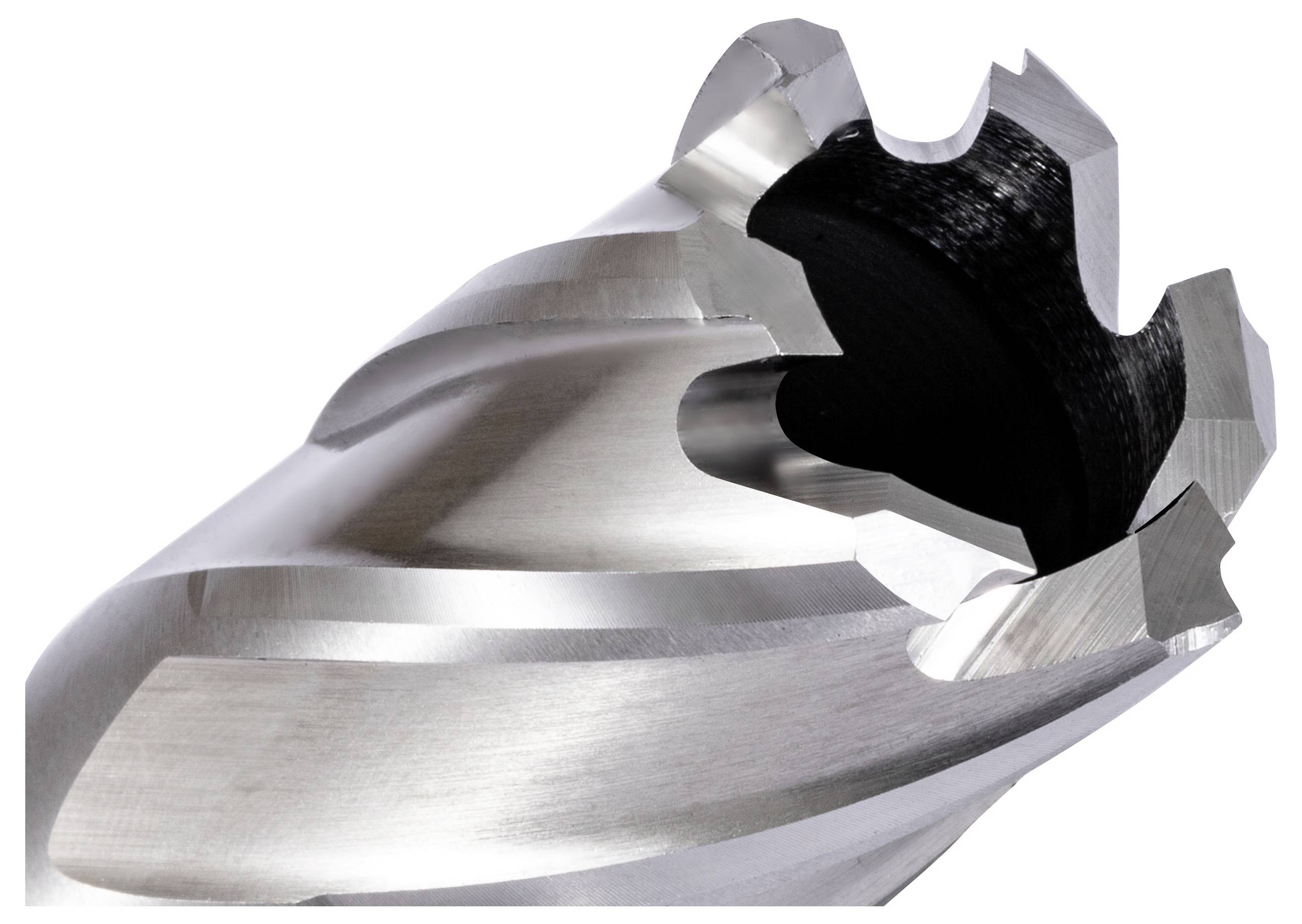 A close-up of a metallic drill bit with multiple cutting edges, showcasing its sharpness and spiral design.