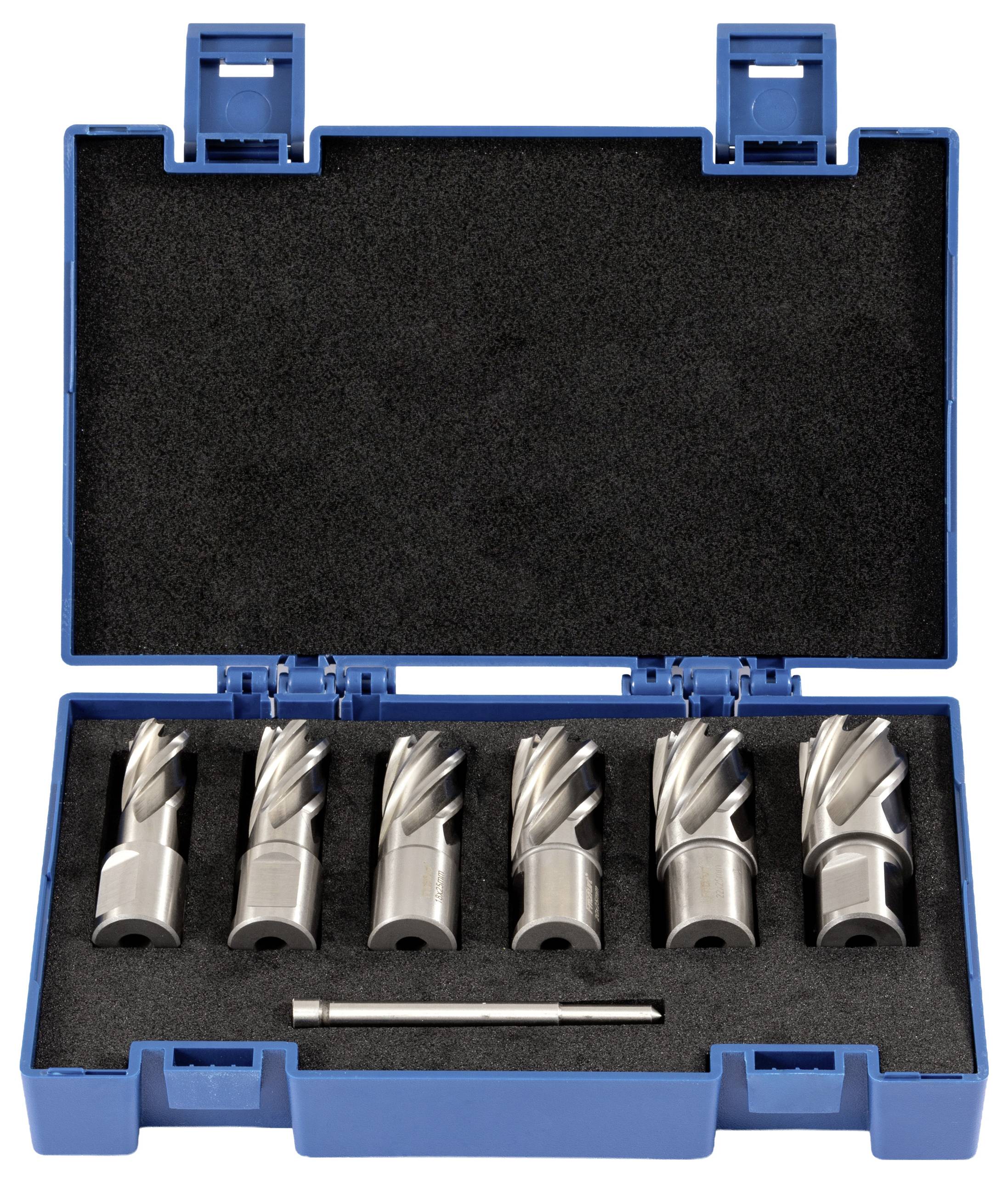 A set of six silver metal drill bits with spiral grooves, neatly arranged in a blue foam-lined case with a rectangular slot for a tool.