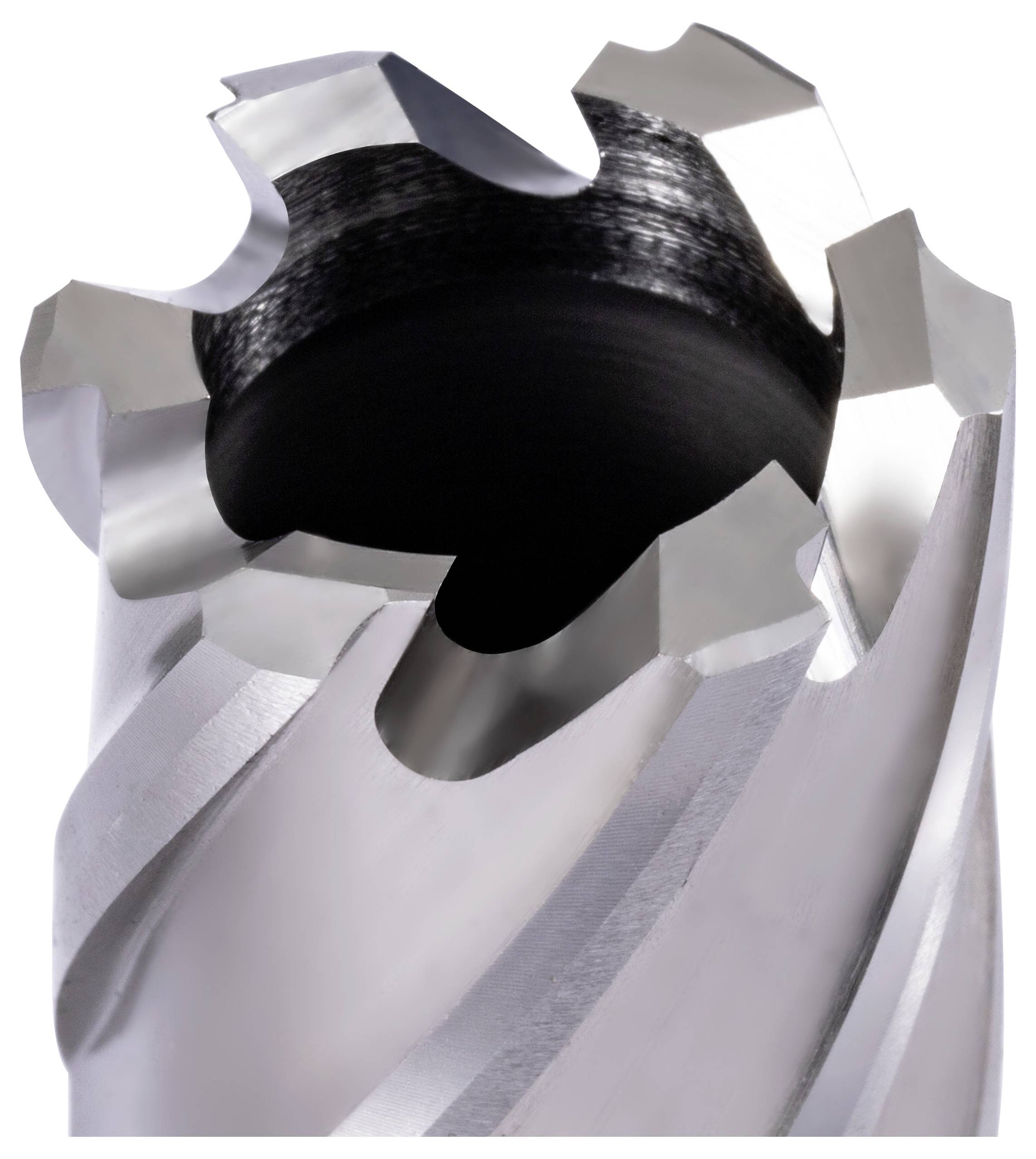 A close-up of a metal cutting tool, showcasing its sharp, spiral-edged design, used for precision drilling or milling in machining.