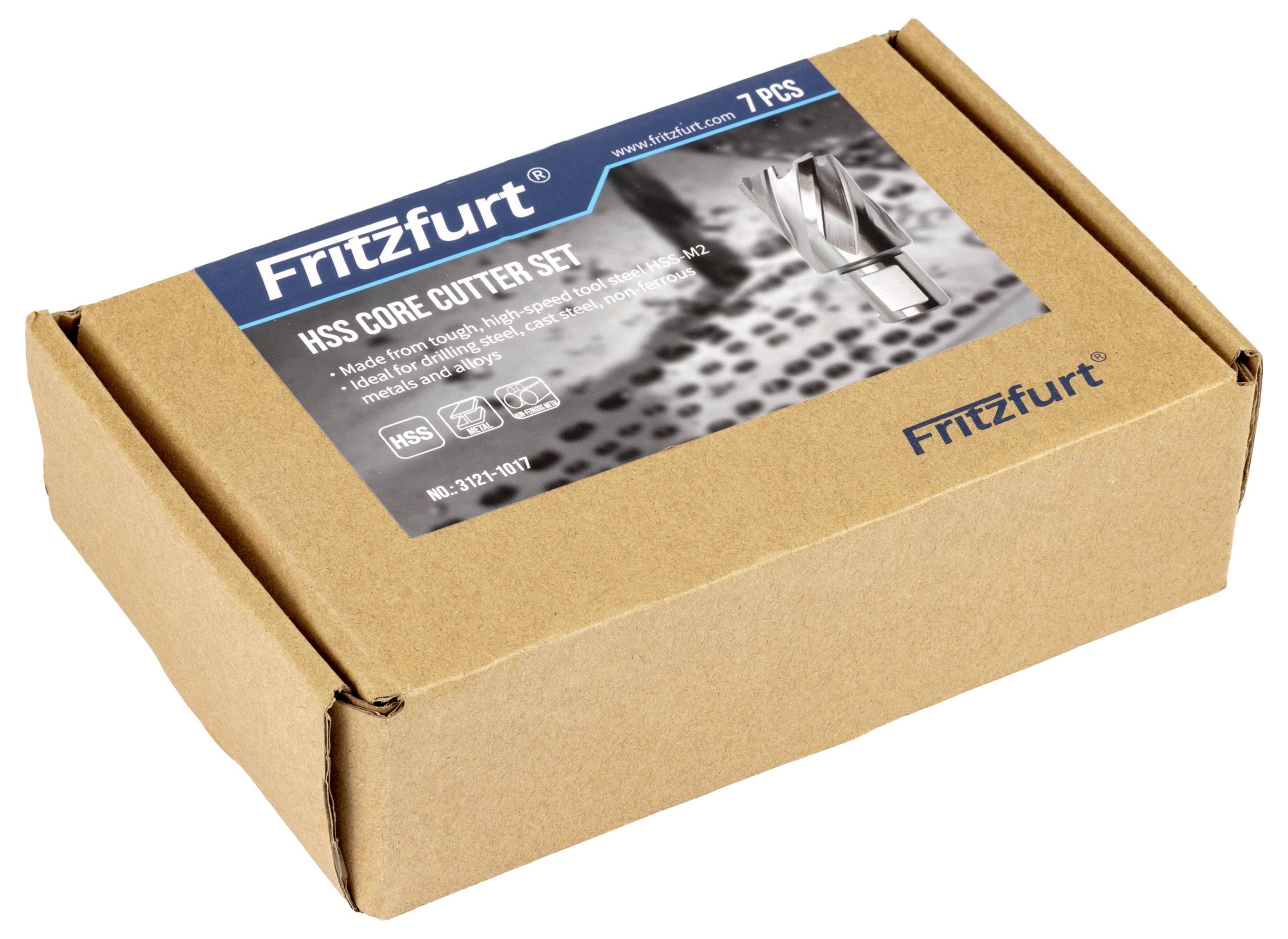 A brown cardboard box labeled 'Fritzfurt HSS Core Cutter Set, 7 pcs'. Contains image of a metal cutter. Website link and product details visible.