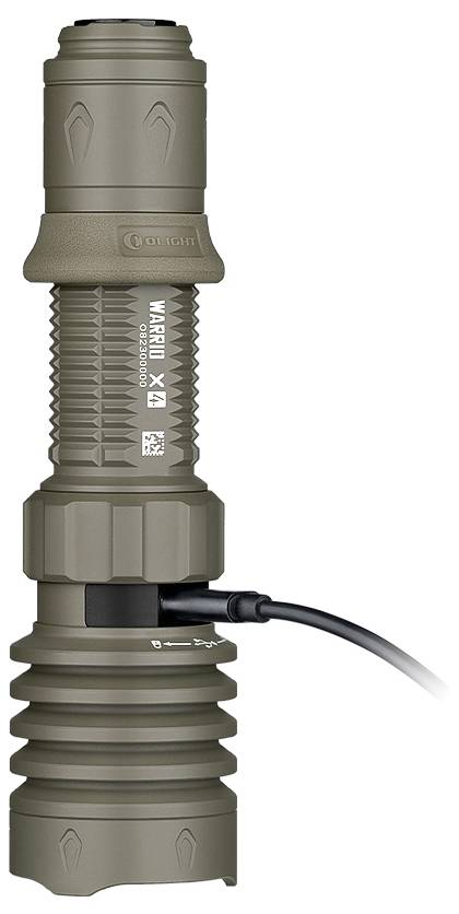 A tactical torch with USB charging cable, olive green, robust design, suitable for outdoor activities.